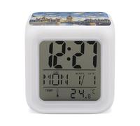 RLDOBOFE Hand-Painted City Digital Alarm Clock with 7 Color Changing Wake Up Night Light with LED Temperature Date Display Battery Operated Gifts Room Decor for Home Bedroom