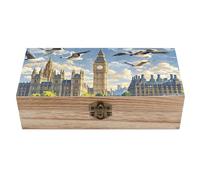 RLDOBOFE Hand-painted City Wooden Keepsake Box with Lids Wood Storage Box with A Hinged Lid Decorative Boxes Table Large Rectangular Organizer Container for Jewelry Photos Craft