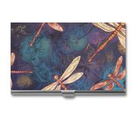 RLDOBOFE Hand Painted Dragonfly Business Card Holder, Slim Aluminum Alloy Card Case, Pocket Name Card Organizer Holder Wallet for Woman, Man, Pocket Or Bag Storage, Office Workers