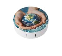 RLDOBOFE Hands Holding The Earth Round Contact Lens Case, Portable Contact Lens Box with Mirror, Compact Holder Container for Daily Makeup Office Travel Outdoor