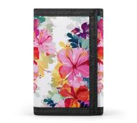 RLDOBOFE Hawaiian Flower Print Trifold Wallet Minimalist Mens Wallet with Key Hook 8 Card Slots Modern Stylish Polyester Security Wallets Fashion Slim Credit Card Holder Id Window