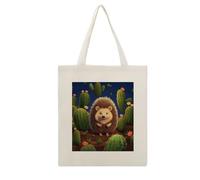 RLDOBOFE Hedgehog Cactus Print Canvas Tote Bag Reusable Grocery Bag Lightweight Shopping Cloth Bags with Long Handles Aesthetic Cute Shoulder Bags for Women Lady Casual Vacation