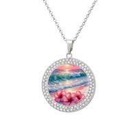 RLDOBOFE - Hibiscus By The Sea Pendant Necklace for Women Diamond Circle Necklace with 20 Inch Chain Cute Diamond Jewelry Necklace for Birthday Christmas Gift