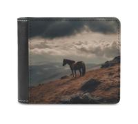 RLDOBOFE Horse Grazing on Mountain Wallet Passcase for Men, Extra Capacity Bifold Leather Wallets with ID Windows, Slim Stylish Wallet for Gift, Blocking Money Clip for Cards, Coin Pouch