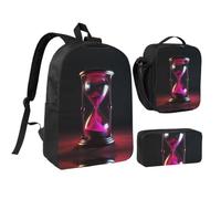 RLDOBOFE Hourglass Representing Time Backpack Set 3 PCS - 17 Inch Laptop Backpack with Lunch Bag, Waterproof Daypack Insulated Lunch Box Large Capacity Coin Pouch Personalized Gift