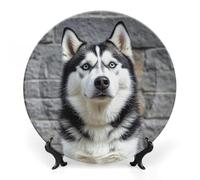 RLDOBOFE Husky Dog Decorative Plate Ceramic Display Plate with Stand Salad Plates Colorful Porcelain Dinner Dishes Dessert Appetizer Dishes for Kitchen Party Table Decor 7inch