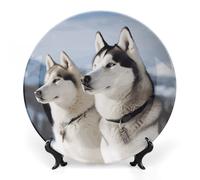 RLDOBOFE Husky Dogs Decorative Plate Round Salad Dessert Plate Porcelain Plates Ceramic Ornament Chinese Classical Art Decor for Display for Home Wall Dining Coffee Table 7inch