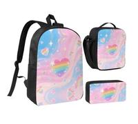 RLDOBOFE Iridescent Love Heart Stars Pattern Backpack Set 3 PCS - 17 Inch Laptop Backpack with Lunch Bag, Waterproof Daypack Insulated Lunch Box Large Capacity Coin Pouch Personalized Gift