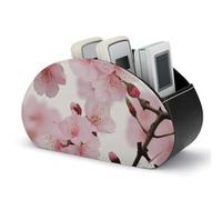 RLDOBOFE Japanese Cherry Blossom Remote Control Organizer PU Leather Storage 5 Compartment Controller Holder Multi-functional Brush Organizer Box Office Supplies Caddy for Bedside