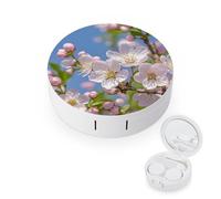 RLDOBOFE Japanese Cherry Blossom Round Contact Lens Case, Portable Contact Lens Box with Mirror, Compact Holder Container for Daily Makeup Office Travel Outdoor