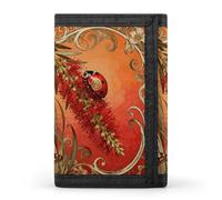 RLDOBOFE Ladybug Flower Trifold Wallet Minimalist Mens Wallet with Key Hook 8 Card Slots Modern Stylish Polyester Security Wallets Fashion Slim Credit Card Holder Id Window