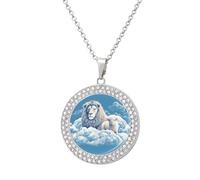 RLDOBOFE Lamb with A Lion On The Clouds Pendant Necklace Diamond Jewelry Silver Round Womens Necklaces Fashion Accessories Birthday Jewelry Gifts for Women Her Girlfriend Wife