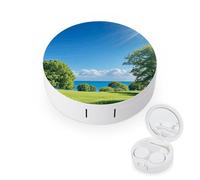RLDOBOFE Lawn in The Sun Round Contact Lens Case, Portable Contact Lens Box with Mirror, Compact Holder Container for Daily Makeup Office Travel Outdoor