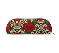 RLDOBOFE Leopard Print Red Rose Pencil Pouch Leather,Small Pen Bags With Zipper For Pencils,Pens,Markers,Makeups,Change,Coins