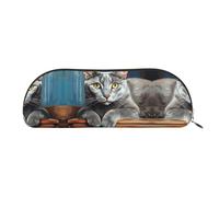 RLDOBOFE Light Gray Cat Pencil Pouch Leather,Small Pen Bags With Zipper For Pencils,Pens,Markers,Makeups,Change,Coins