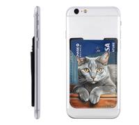 RLDOBOFE Light Gray Cat Phone Wallet, Stick On Card Holder for Back of Phone Case - Leather Cell Phone Card Wallet Sleeve Adhesive Phone Pocket - Compatible with Most Cell Phones