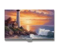 RLDOBOFE Lighthouse at Sunset Business Card Holder, Slim Aluminum Alloy Card Case, Pocket Name Card Organizer Holder Wallet for Woman, Man, Pocket Or Bag Storage, Office Workers