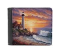 RLDOBOFE Lighthouse at Sunset Wallet Passcase for Men, Extra Capacity Bifold Leather Wallets with ID Windows, Slim Stylish Wallet for Gift, Blocking Money Clip for Cards, Coin Pouch