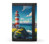 RLDOBOFE Lighthouse Diamond Trifold Wallet Minimalist Mens Wallet with Key Hook 8 Card Slots Modern Stylish Polyester Security Wallets Fashion Slim Credit Card Holder Id Window
