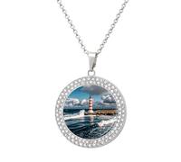 RLDOBOFE Lighthouse Landscape Waves White Clouds Pendant Necklace Diamond Jewelry Silver Round Womens Necklaces Fashion Accessories Birthday Jewelry Gifts for Women Her Girlfriend Wife