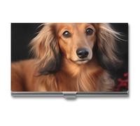 RLDOBOFE Long Haired Dachshund Business Card Holder, Slim Aluminum Alloy Card Case, Pocket Name Card Organizer Holder Wallet for Woman, Man, Pocket Or Bag Storage, Office Workers