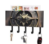 RLDOBOFE Magical Design Norse Runes Compass Key Holder Wall Mount, Adhesive Key Rail Rack Hanger Holder Black with 5 Hooks, No Drill, Keys Chain Organizer for Living Room, Front Door, Hallway, Office