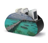 RLDOBOFE Maldives Scenery Remote Control Organizer PU Leather Storage 5 Compartment Controller Holder Multi-functional Brush Organizer Box Office Supplies Caddy for Bedside