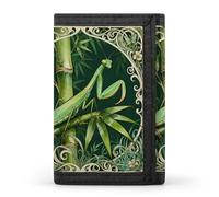 RLDOBOFE Mantis Bamboo Leaf Trifold Wallet Minimalist Mens Wallet with Key Hook 8 Card Slots Modern Stylish Polyester Security Wallets Fashion Slim Credit Card Holder Id Window