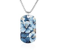 RLDOBOFE Memorial Necklace for Woman, Personalized Blue Hibiscus Flower Pendant with Rope Chain for Man, Titanium Steel Rectangle Necklace for Birthday, Anniversary Loving Memory