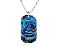 RLDOBOFE Memorial Necklace for Woman, Personalized Blue Rose Pendant with Rope Chain for Man, Titanium Steel Rectangle Necklace for Birthday, Anniversary Loving Memory