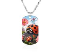 RLDOBOFE Memorial Necklace for Woman, Personalized Cartoon Ladybug Flower Pendant with Rope Chain for Man, Titanium Steel Rectangle Necklace for Birthday, Anniversary Loving Memory