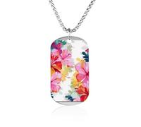 RLDOBOFE Memorial Necklace for Woman, Personalized Hawaiian Flower Print Pendant with Rope Chain for Man, Titanium Steel Rectangle Necklace for Birthday, Anniversary Loving Memory