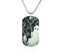 RLDOBOFE Memorial Necklace for Woman, Personalized White Patterned Ghost Pendant with Rope Chain for Man, Titanium Steel Rectangle Necklace for Birthday, Anniversary Loving Memory
