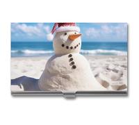 RLDOBOFE Mental Beach Sandy Snowman Name Card Holder Slim Business Pocket Card Case Buckle Style Shut Portable Professional Purse Name Cards Organizer Gift for Men Women Workers