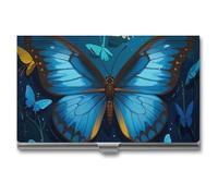 RLDOBOFE Mental Blue Butterfly Pattern Name Card Holder Slim Business Pocket Card Case Buckle Style Shut Portable Professional Purse Name Cards Organizer Gift for Men Women Workers