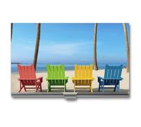RLDOBOFE Mental Colorful Chairs Palm Tree Name Card Holder Slim Business Pocket Card Case Buckle Style Shut Portable Professional Purse Name Cards Organizer Gift for Men Women Workers