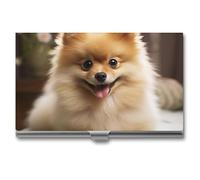 RLDOBOFE Mental Cute Pomeranian Dog Name Card Holder Slim Business Pocket Card Case Buckle Style Shut Portable Professional Purse Name Cards Organizer Gift for Men Women Workers