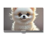 RLDOBOFE Mental Cute Pomeranian Name Card Holder Slim Business Pocket Card Case Buckle Style Shut Portable Professional Purse Name Cards Organizer Gift for Men Women Workers