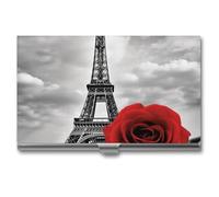 RLDOBOFE Mental Eiffel Tower Red Rose Name Card Holder Slim Business Pocket Card Case Buckle Style Shut Portable Professional Purse Name Cards Organizer Gift for Men Women Workers