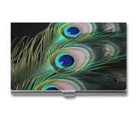 RLDOBOFE Mental Green Peacock Feather Name Card Holder Slim Business Pocket Card Case Buckle Style Shut Portable Professional Purse Name Cards Organizer Gift for Men Women Workers