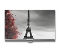 RLDOBOFE Mental Grey Paris Eiffel Tower Name Card Holder Slim Business Pocket Card Case Buckle Style Shut Portable Professional Purse Name Cards Organizer Gift for Men Women Workers