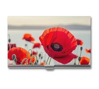 RLDOBOFE Mental Red Flower Name Card Holder Slim Business Pocket Card Case Buckle Style Shut Portable Professional Purse Name Cards Organizer Gift for Men Women Workers