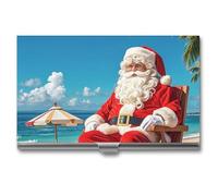 RLDOBOFE Mental Santa Claus At Beach Name Card Holder Slim Business Pocket Card Case Buckle Style Shut Portable Professional Purse Name Cards Organizer Gift for Men Women Workers