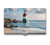 RLDOBOFE Mental Sea Lighthouse Sandbeach Name Card Holder Slim Business Pocket Card Case Buckle Style Shut Portable Professional Purse Name Cards Organizer Gift for Men Women Workers