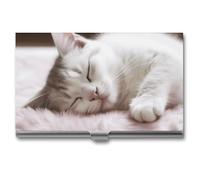 RLDOBOFE Mental Sleeping Cat Name Card Holder Slim Business Pocket Card Case Buckle Style Shut Portable Professional Purse Name Cards Organizer Gift for Men Women Workers