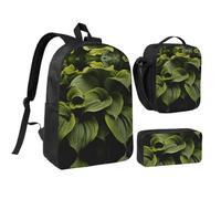 RLDOBOFE Moist Hosta Leaves Backpack Set 3 PCS - 17 Inch Laptop Backpack with Lunch Bag, Waterproof Daypack Insulated Lunch Box Large Capacity Coin Pouch Personalized Gift