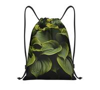 RLDOBOFE Moist Hosta Leaves Drawstring Backpack Sports Gym Sackpack Waterproof Swim Bag Men Women Draw String Bag, Black, S