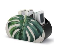 RLDOBOFE Monstera Leaf Remote Control Organizer PU Leather Storage 5 Compartment Controller Holder Multi-functional Brush Organizer Box Office Supplies Caddy for Bedside