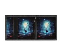 RLDOBOFE Moonlight Deer Trifold Wallet Minimalist Mens Wallet with Key Hook 8 Card Slots Modern Stylish Polyester Security Wallets Fashion Slim Credit Card Holder Id Window