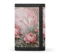 RLDOBOFE Moth Peony Cluster Trifold Wallet Minimalist Mens Wallet with Key Hook 8 Card Slots Modern Stylish Polyester Security Wallets Fashion Slim Credit Card Holder Id Window